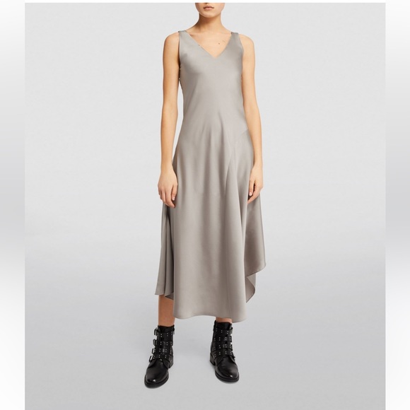 ALL SAINTS MIDI Satin Slip Dress Sleeveless V Neck Gray Silver NWOT - Picture 4 of 10